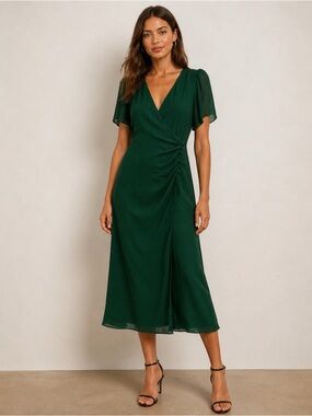 Reformation Breanna Midi Dress Gathered Waist Side Slit Emerald Green Sz 0 NWT‎